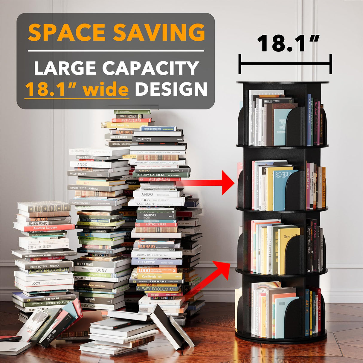SpaceAid 4 Tier Rotating Bookshelf Tower, Spinning Bookcase Lazy Susan, Revolving 360 Book Shelf Storage Round Carousel, Vertical Rotate Turning Spiral Corner Organizer, Black SpaceAid