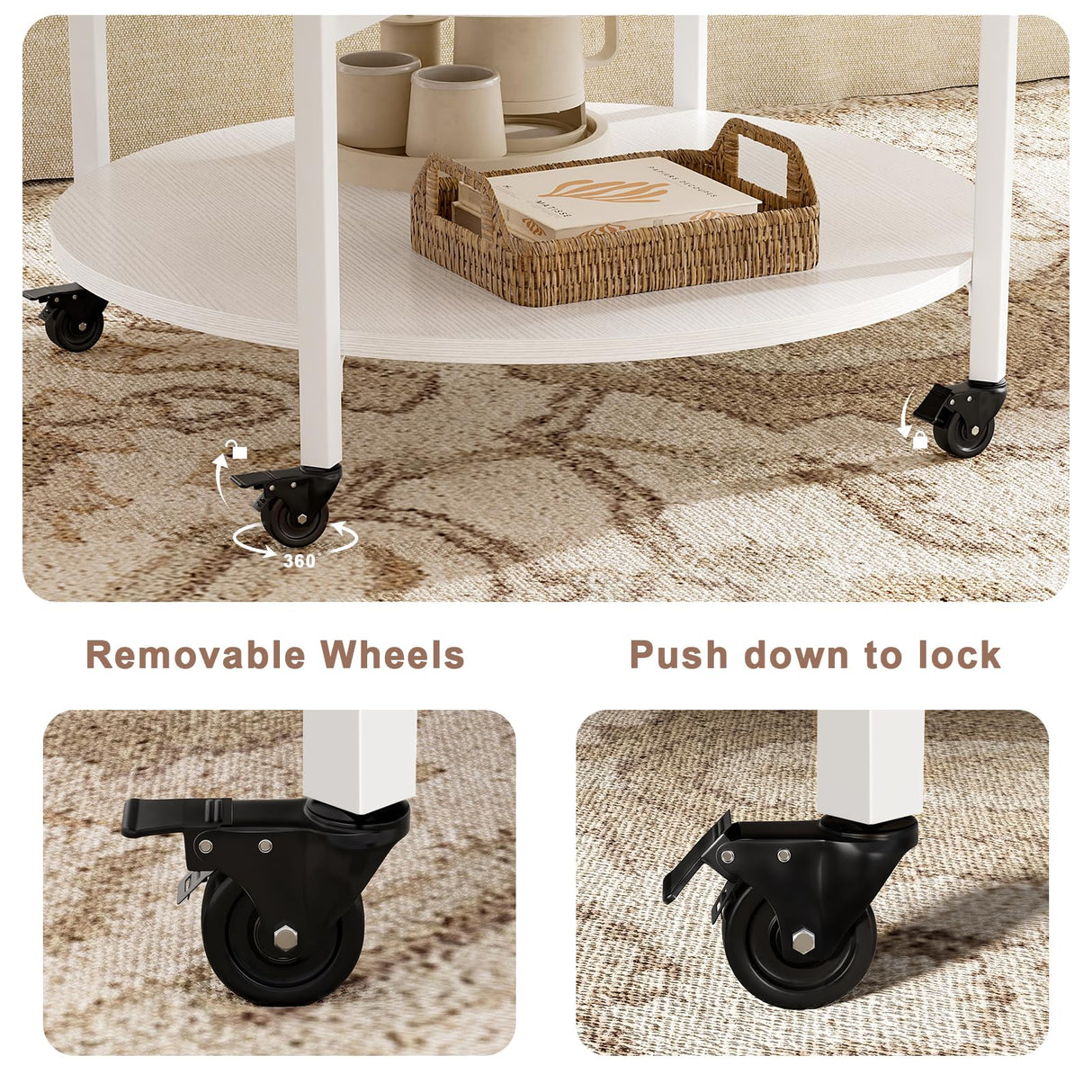 FABATO Round Lift Top Coffee Table with Wheels, Circle Center Table with Storage and Compartment, 26.77’’ Rolling Coffee Table for Living Room, 2 Tier Small Coffee Table Circle Dining Table, White FABATO