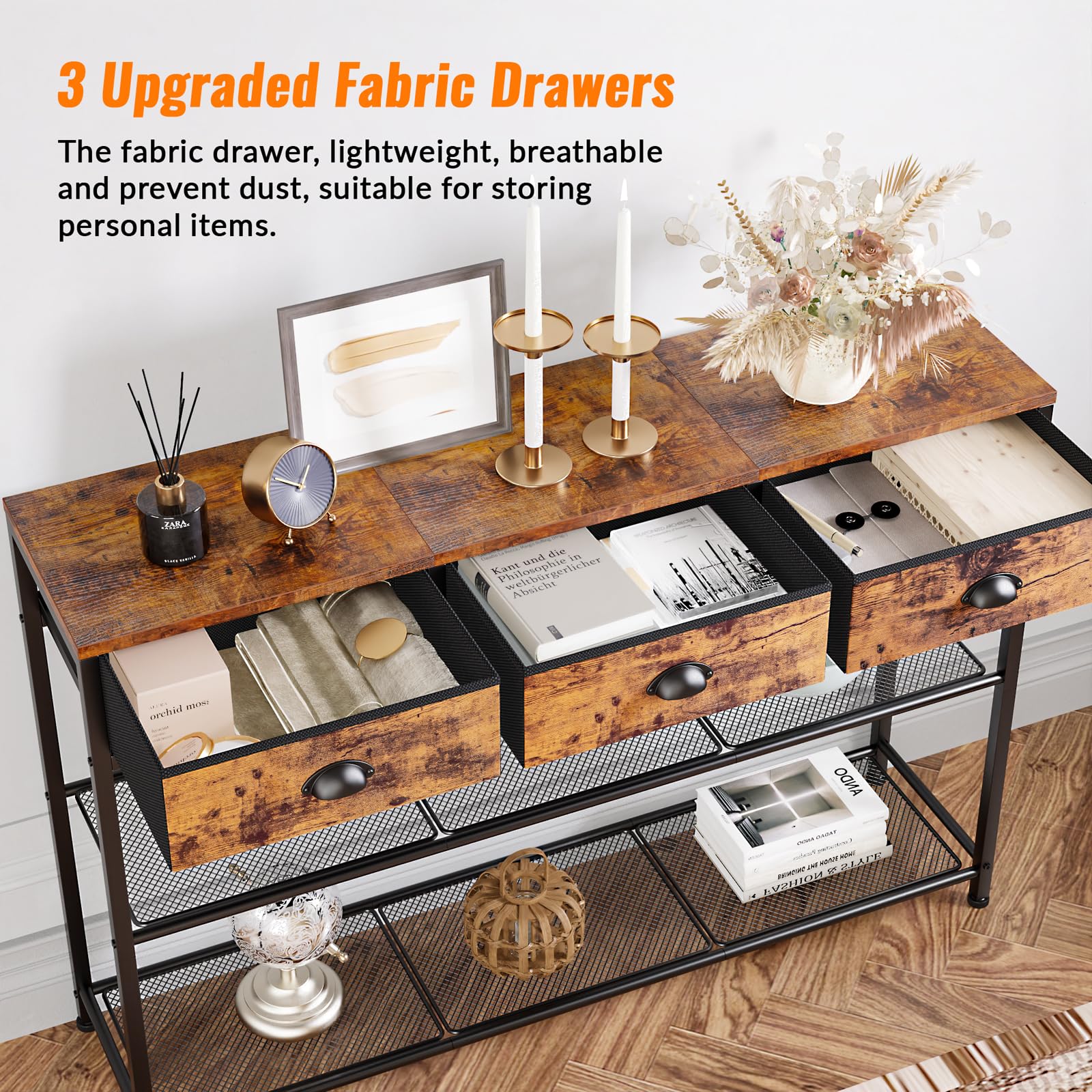 Rustic Brown 38'' Furologee Console Sofa Table with 3 Fabric Drawers and Storage Shelves - WoodArtSupply