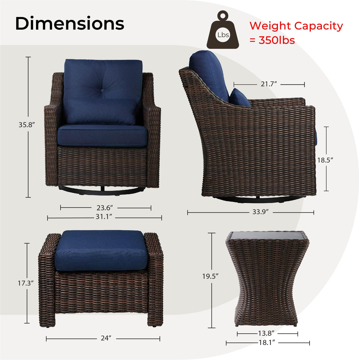 CHITA 5 Pieces Wicker Patio Furniture Set, Outdoor Conversation Set with 2 Pieces Rocking Swivel Chairs, 2 Pieces Ottomans and Side Table, Blue Cushions with Chestnut Wicker CHITA