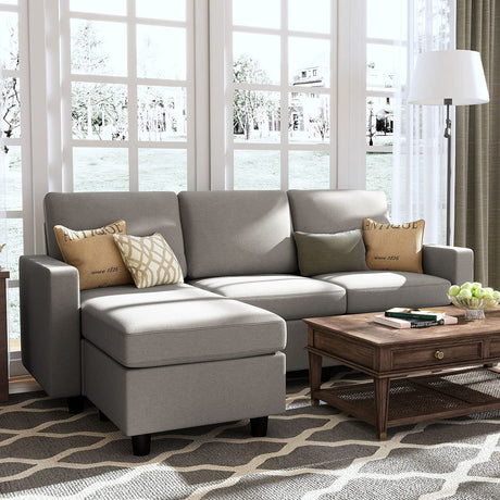 HONBAY Convertible Sectional Sofa, L Shaped Couch with Linen Fabric, Reversible Couch for Small Space, Light Grey HONBAY