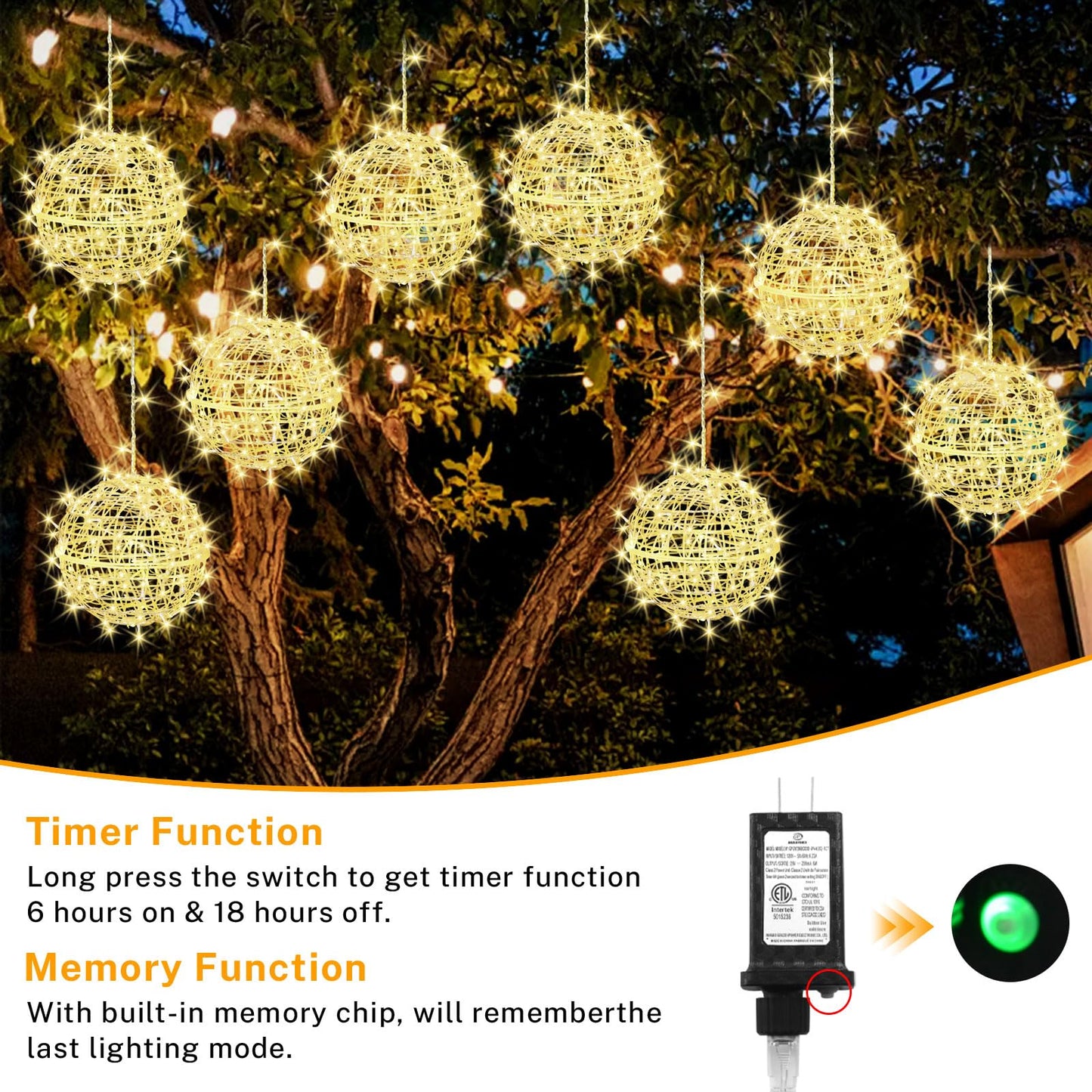 Outdoor Christmas Balls Lights 4 Pack Hanging 7.9" LED Garden Sphere Tree Lights 8 Modes Waterproof Glow Globe Lights with Memory Timer Plug for Party Yard Porch Eave Patio Xmas Decoration-Warm White