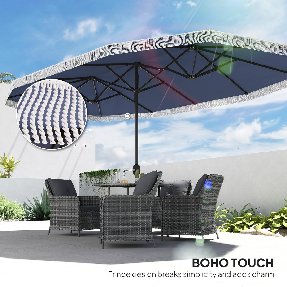 Outsunny 15ft Extra Large Patio Umbrella with Fringe, UPF30+ Double-sided Market Umbrella with Easy Crank Handle, 2 Vents for Garden Pool Lawn, Dark Blue Outsunny