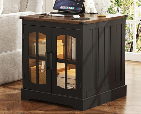 ChooChoo Rustic End Table, 24" Large Sofa Side Table with Charging Station & LED Light, Black Nightstand with Adjustable Storage Shelf, Square Bedside Table for Living Room, Bedroom, Office ChooChoo