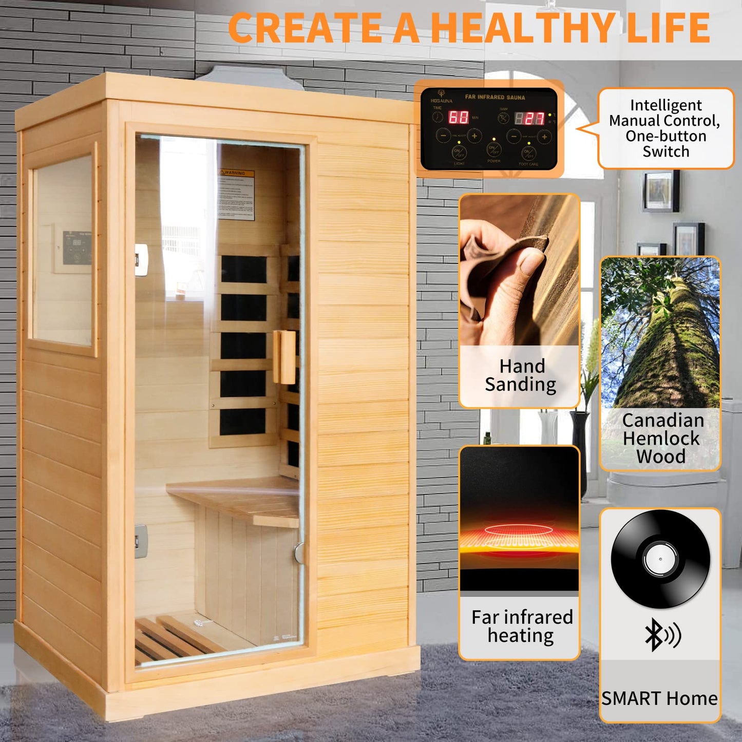 ToTibuy Far Infrared Home Sauna Low-EMF 800W Canadian Hemlock Indoor Sauna with Control Panel, Bluetooth,35.2 * 27.6 * 61.6Inch