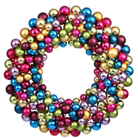 Vickerman 36" Multi-Colored Shiny and Matte Ball Christmas Wreath with Ornaments - Seasonal Holiday Decoration - Vibrant Christmas Decoration - Wire Frame