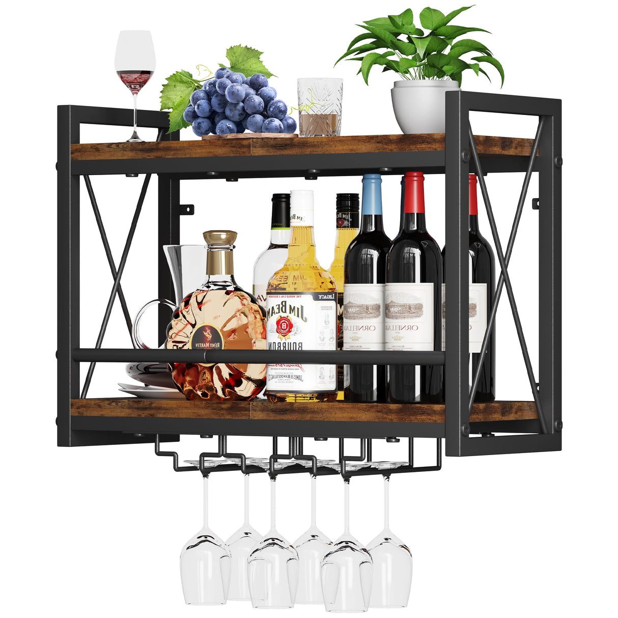 Homeiju Wall Mounted Wine Rack, Bottle & Glass Holder Wood-Metal Retro Wine Rack, Wine Bottles Display Wall Storage for Kitchen Dining Room Home Bar Homeiju