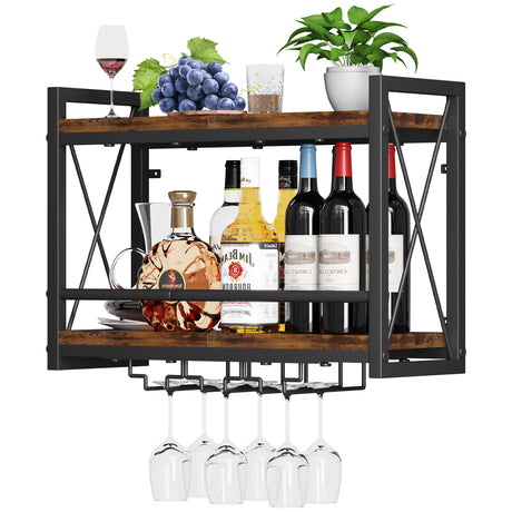 Homeiju Wall Mounted Wine Rack, Bottle & Glass Holder Wood-Metal Retro Wine Rack, Wine Bottles Display Wall Storage for Kitchen Dining Room Home Bar Homeiju
