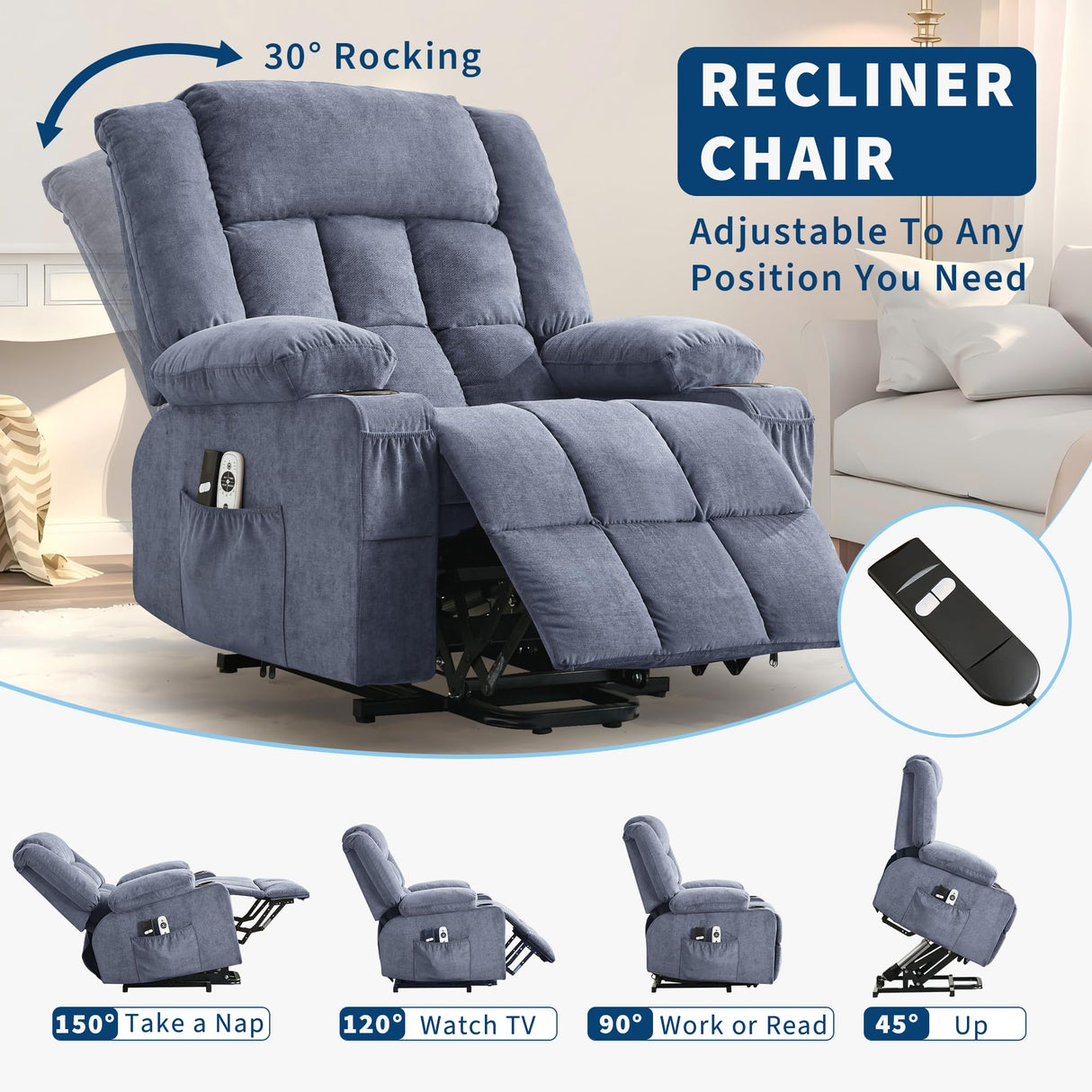 Large Power Lift Recliner Chair for Elderly Overstuffed Wide Electric Lift Chair with Heat and Massage for Big and Tall Adults Reclining Sofa Chair with 2 Cup Holders, Side Pocket, USB Port, Blue WARMTOBABY