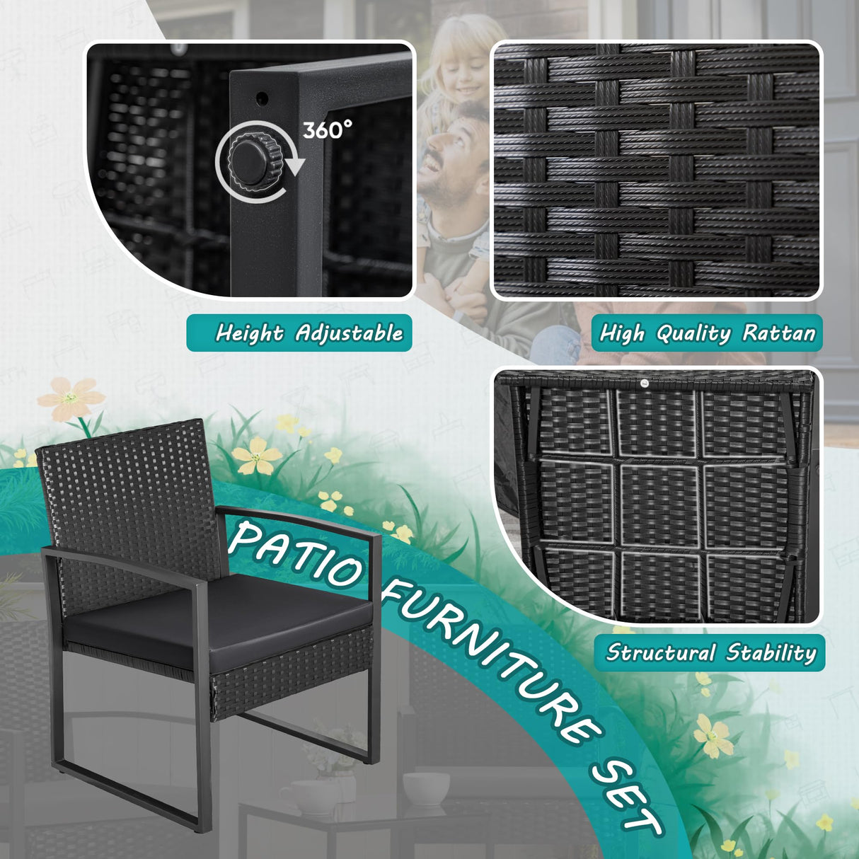 Greesum 3 Piece Wicker Conversation Bistro Sets Outdoor Patio Set Modern Rattan Chair Furniture Sets with Coffee Table for Yard Garden Porch Lawn (Black) Greesum