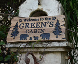 Custom Cabin Sign Custom Wood Sign, Personalized Bear Family In Woods Cabin Signs, Welcome Sign, Large Outdoor Wooden Last Name Sign, Lake House Generic