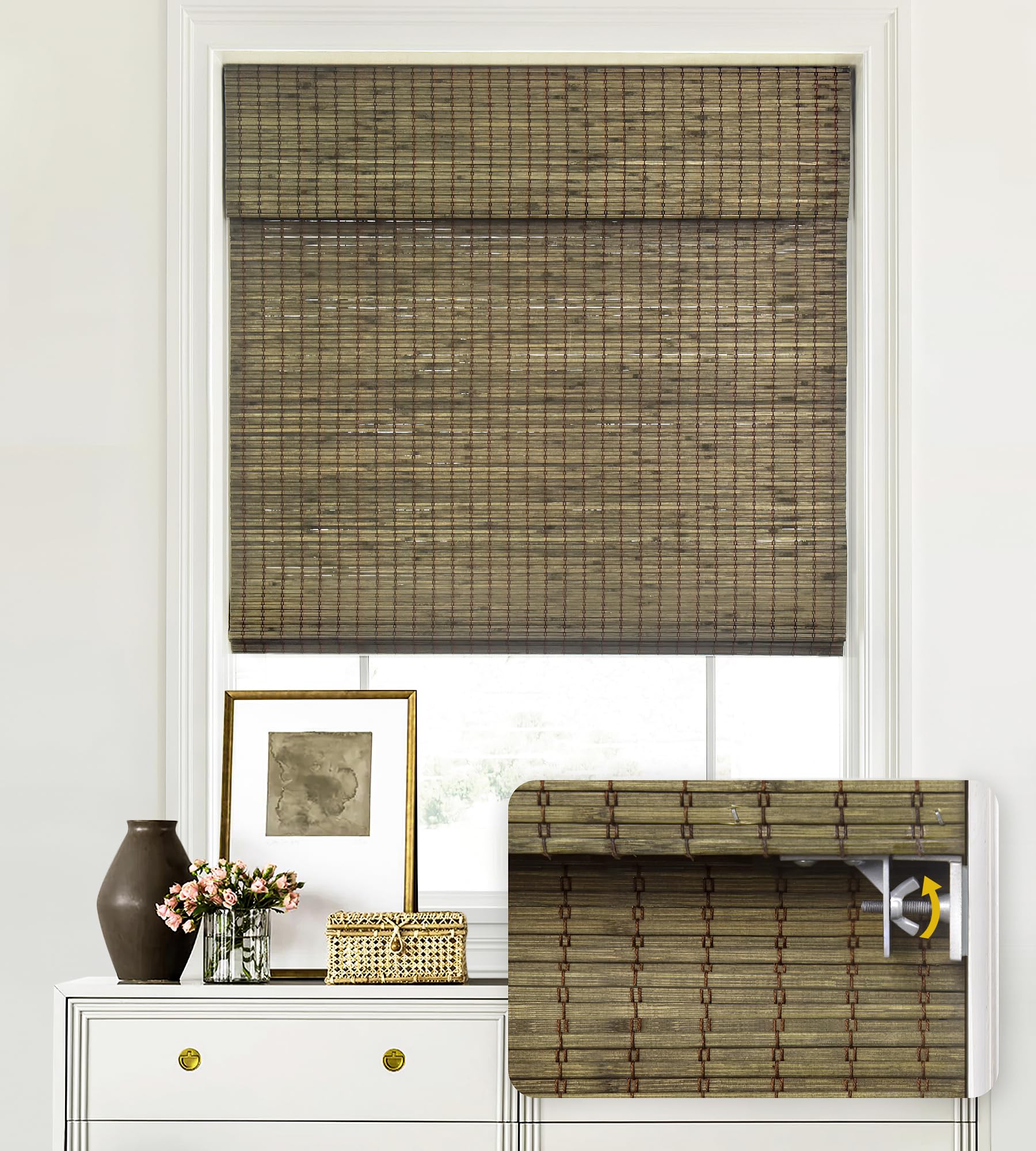 LazBlinds Cordless Bamboo Roman Shades - Driftwood Privacy Blinds for Easy Installation - WoodArtSupply