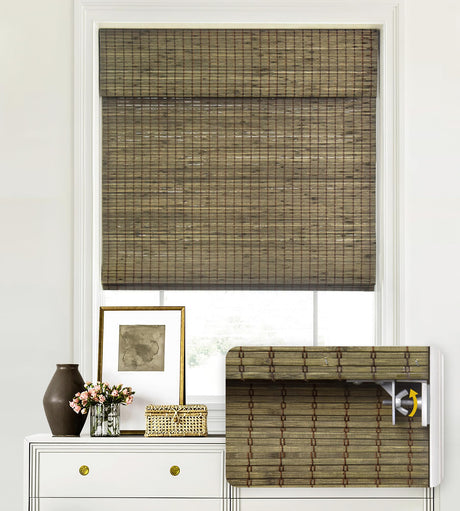 LazBlinds No Tools No Drill Cordless Bamboo Roman Shades, Privacy Window Treatment, Roll Up Bamboo Blinds for Window 31'' W x 64'' H, Driftwood LazBlinds