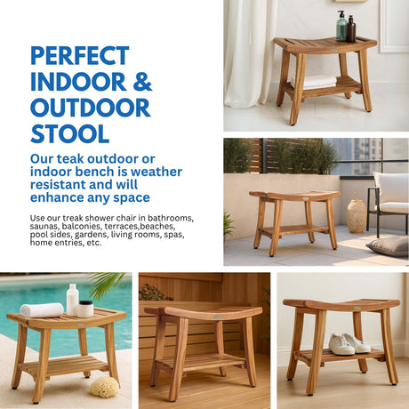 EcoDecors 24 Inch Harmony Natural Color Waterproof Teak Wood Shower Bench Stool Seat Chair For Inside Shower Storage Shelf Provides Safety, Storage, and Organization For Bathroom Accessories EcoDecors