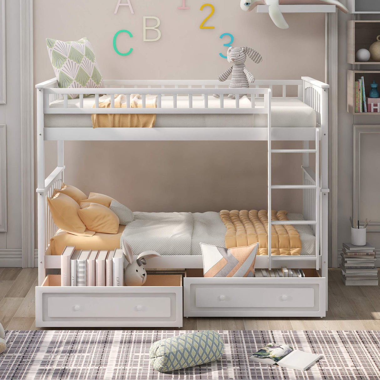 Harper & Bright Convertible Wood Twin-Over-Twin Bunk Bed with Storage Drawers and Ladder - Can Be Divided Into Two Daybeds (White) Harper & Bright Designs