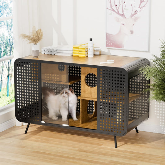 Cat Cabinet House Furniture with Glass, Cat Villa House Furniture, Large Multi-Function Cat House with Scratch Pad, Modern Wood Crate Cat Furniture Indoor for TV Stand,Living Room