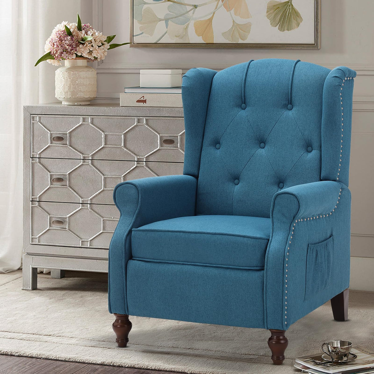 PALLOME Wingback Recliner Chair with Massage and Heat Tufted Fabric Push Back Arm Chair, Recliner Chair for Living Room Bedroom Home Theater (1,Peacock Blue) PALLOME