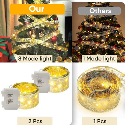 Minetom Christmas Tree Ribbon String Lights - 33ft 100 LED Battery Powered Fairy Lights with Timer and 8 Lighting Modes, Christmas Ribbon Bows Lights for 6ft - 8ft Christmas Tree New Year Decor, Gold