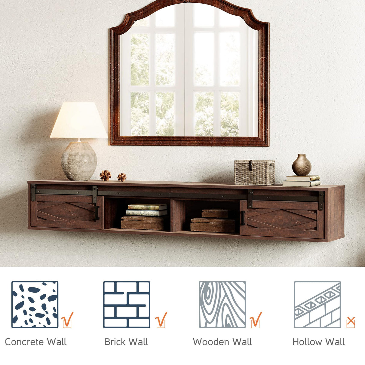 FITUEYES Floating TV Stand Shelf for TVs up to 85 Inch, Wood Floating Entertainment Center with Sliding Barn Door, Floating TV Shelf Media Console Table for Living Room, Bedroom, Rustic Brown FITUEYES