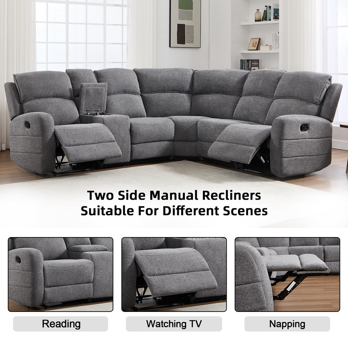 EBELLO Fabric L-Shaped Reclining Sectional Sofa Couch for Living Room, Manual Recliner Oversized Sofa, with Padded Headrest, 2 Cup Holders, Storage Space, 5-Seater Home Furniture Set, Grey EBELLO
