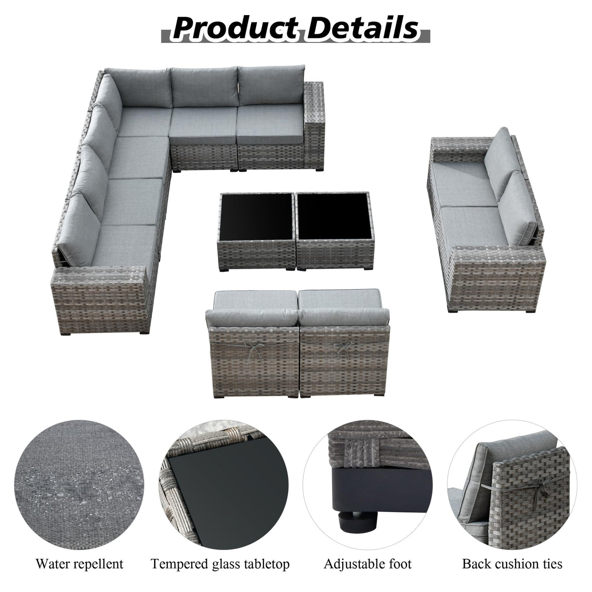HOOOWOOO 12 Piece Modular Patio Outdoor Sectional Furniture Sofa Set,Wicker Conversation Set,Out Door Couch Set with Wide Arm for Outside All Weather(Dark Grey) HOOOWOOO