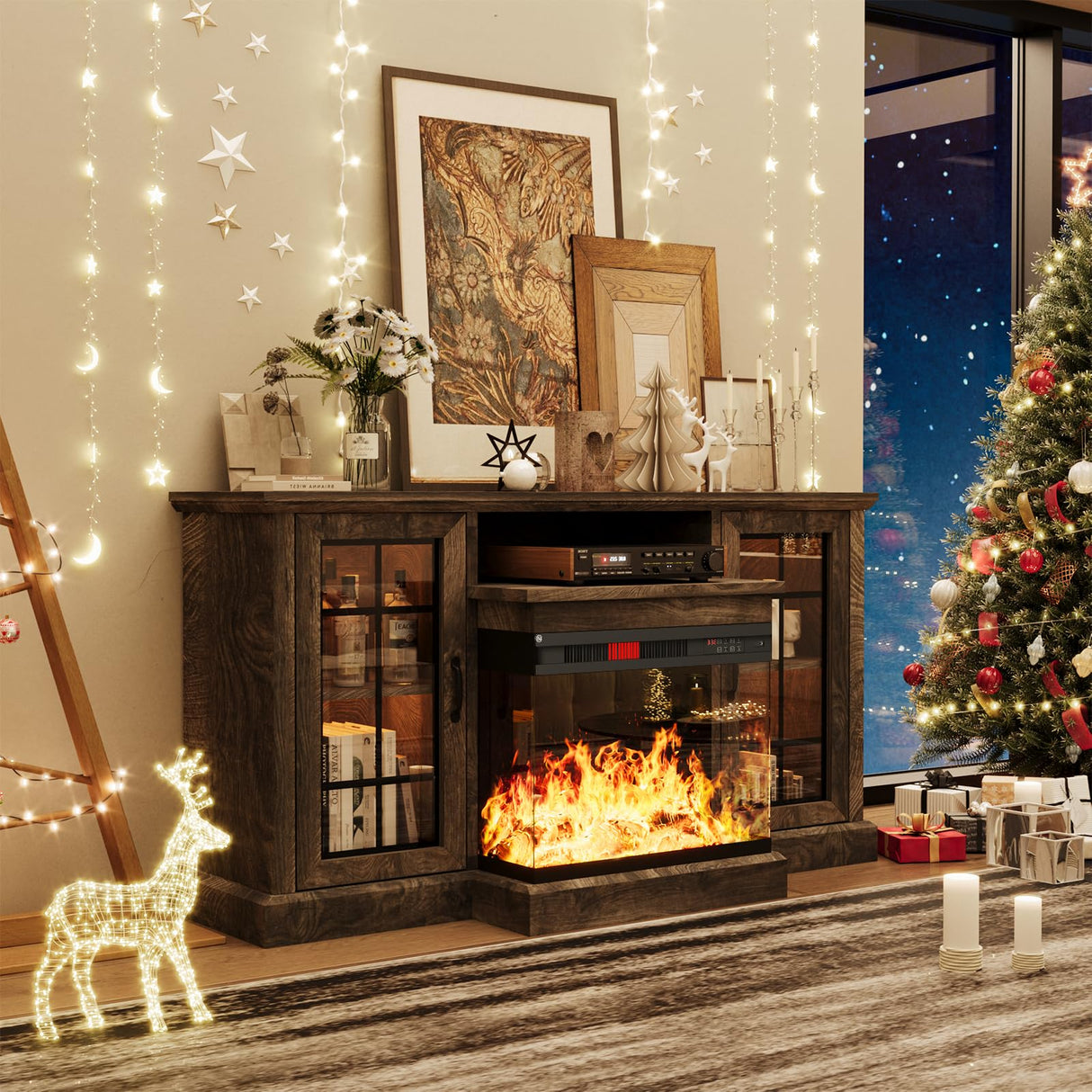 oneinmil 59'' Fireplace TV Stand, 3 Sided Glass Media Entertainment Center Console Table for TVs up to 65'' with Glass Door Adjustable Flame LED Color for Living Room, Set of TV Table, Grey oneinmil