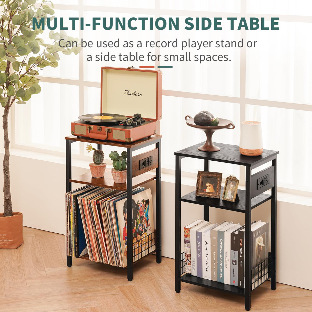 Yoobure Record Player Stand, 3-Tier Side Table with Charging Station, Small End Table Nightstand for Vinyl Storage, Tall Beside Tables Turntable Stand for Album CD, Night Stand for Living Room Bedroom Yoobure