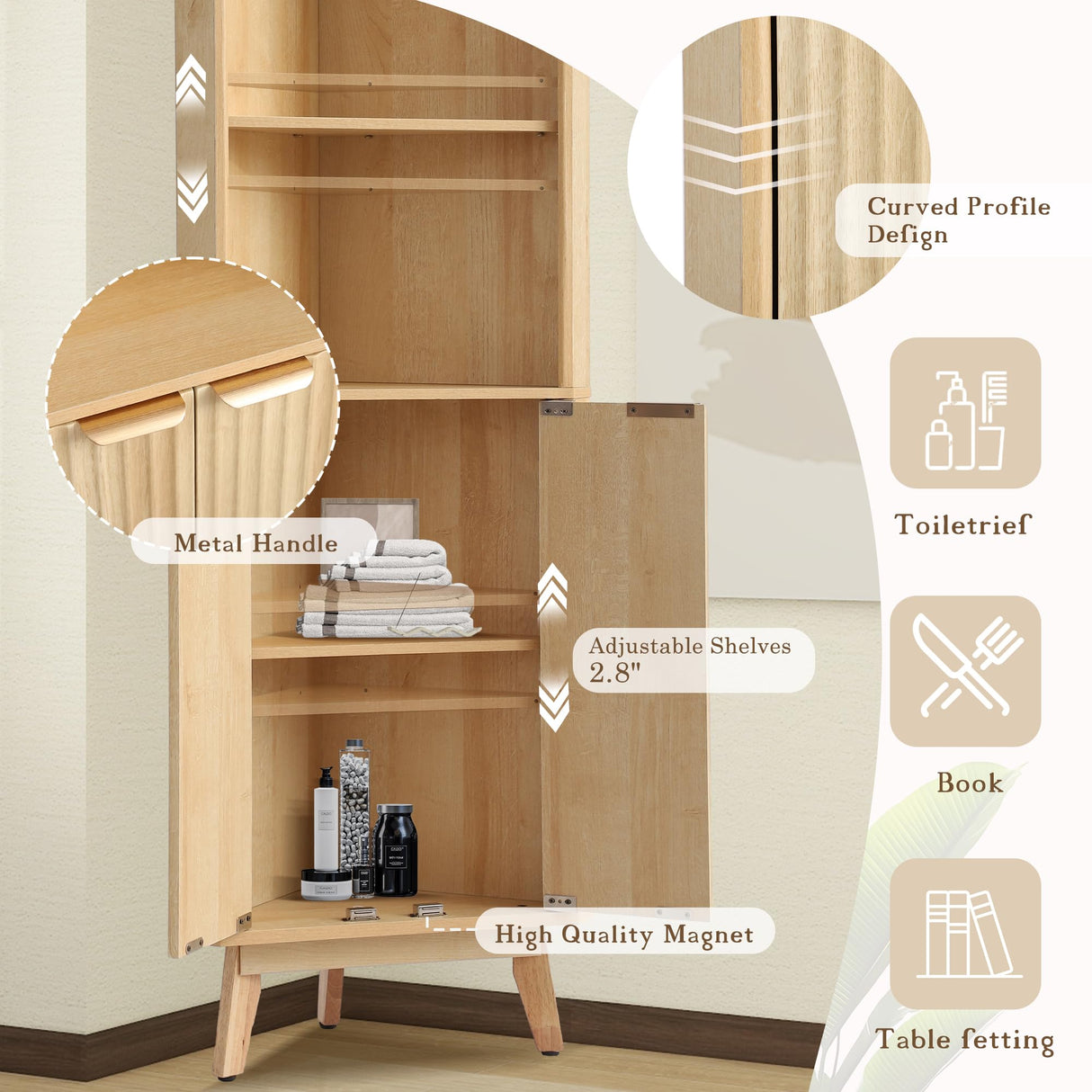 Grepatio 68" Tall Corner Cabinet with Fluted Door, Corner Shelf Storage Cabinet, Freestanding Bathroom Shelf with 3 Adjustable Shelves, Faux Marble Top, Curved Profile Design for Bathroom, Living Room Grepatio