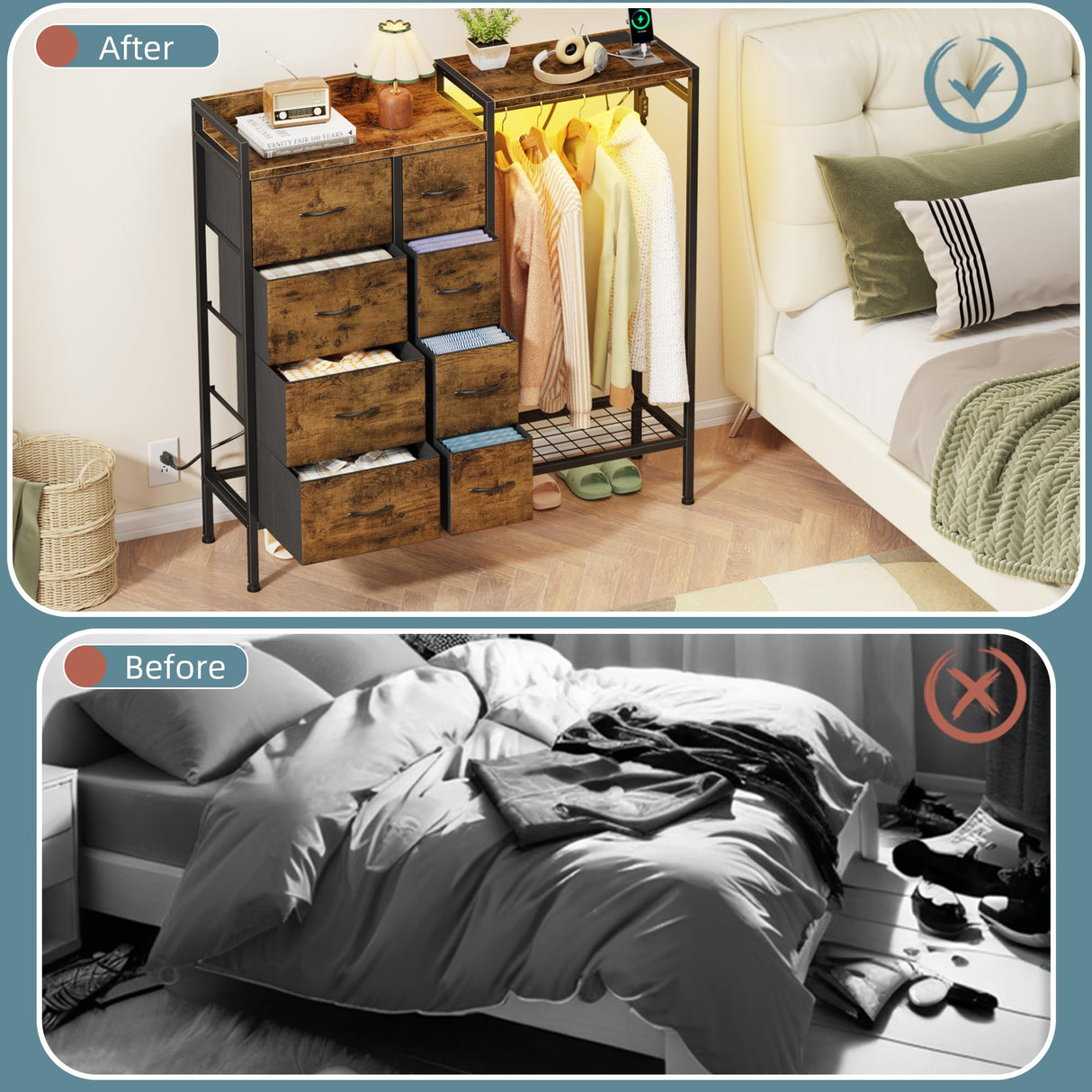 HIGDBFE Dresser with Hanging Rack, 8-Drawer Dresser for Bedroom with Charging Station & LED Lights, Kids Dressers with Shoe Rack, Rustic Brown, 11.8" D x 42" W x 42.7" H (8 Drawers) HIGDBFE