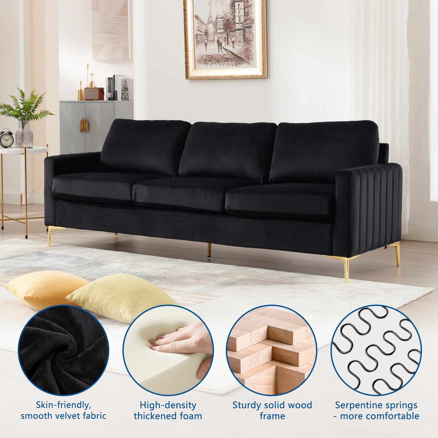 Sofa and Loveseat Set 2 Piece, Comfy Velvet Tufted Couch and Loveseat Sets Living Room Furniture Sets with Gold Leg, Modern Couches Sofas Sets of 2 Love Seat for Bedroom Office Juego De Sala (Black)