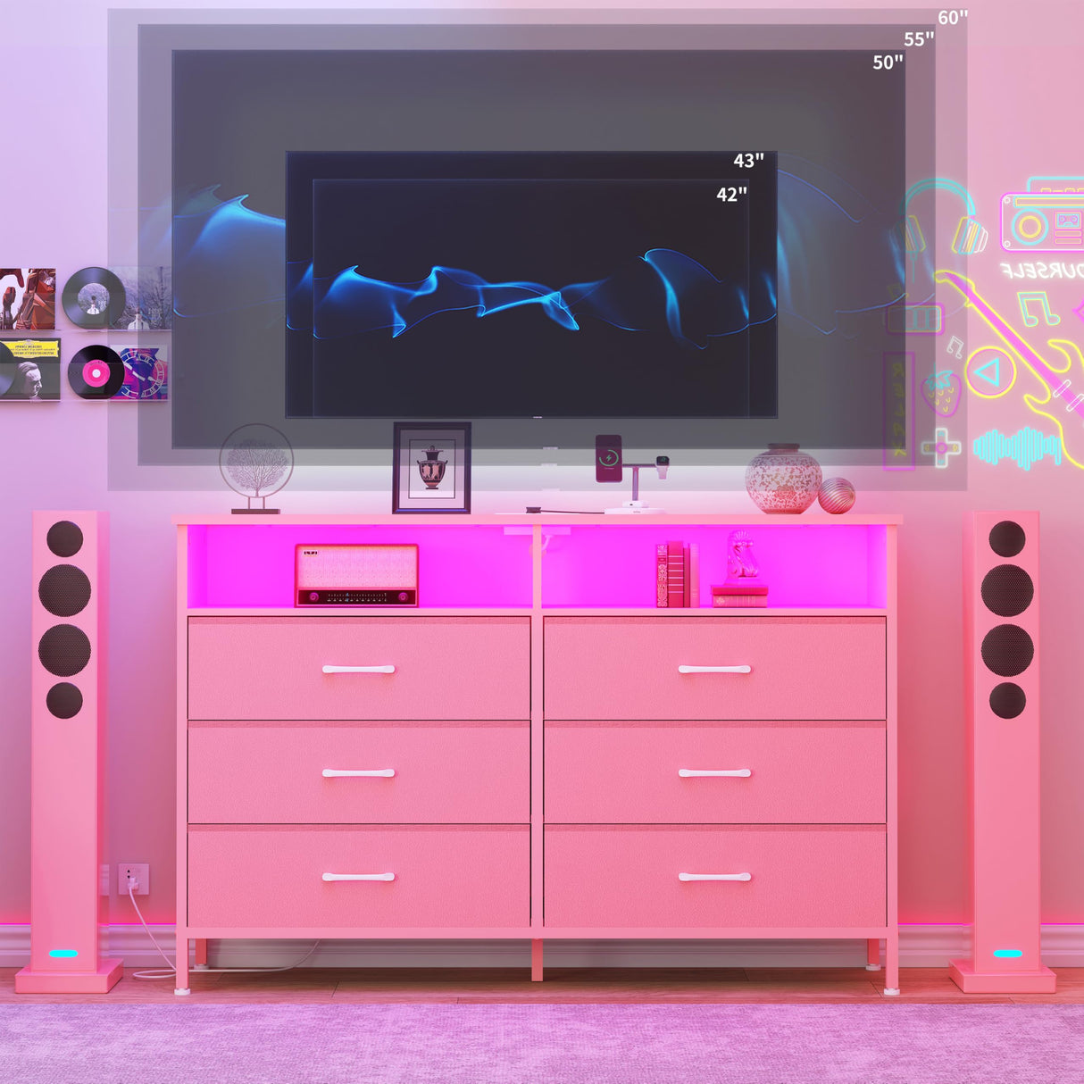 Dresser for bedroom, Pink Bedroom Dresser with LED Lights and Charging Station, 6 Long Drawers Dressers, Tall Wide Fabric Chest of Drawers Storage Organizer TV Stand for up to 60" TV for Living Room SOOWERY