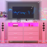Dresser for bedroom, Pink Bedroom Dresser with LED Lights and Charging Station, 6 Long Drawers Dressers, Tall Wide Fabric Chest of Drawers Storage Organizer TV Stand for up to 60" TV for Living Room SOOWERY