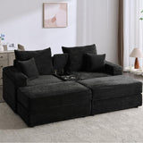 GNIXUU 82.7" Oversized Loveseat Sectional Sofa Sleeper with Storage Console & Cup Holders & USB Ports, Comfy Chaise Lounge Couch Bed with Ottomans for Living Room, Black Corduroy GNIXUU