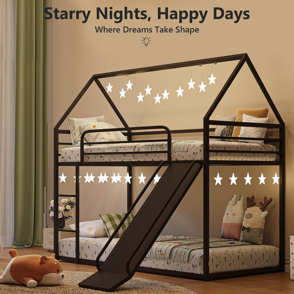 YIORTWO Twin-Over-Twin Low Metal Bunk Bed with Convertible Slide, Montessori Floor Bunk Bed Frame with Curved Edges Guardrail, Heavy Duty Metal Bed with House Shape and Roof for Kids, Black YIORTWO