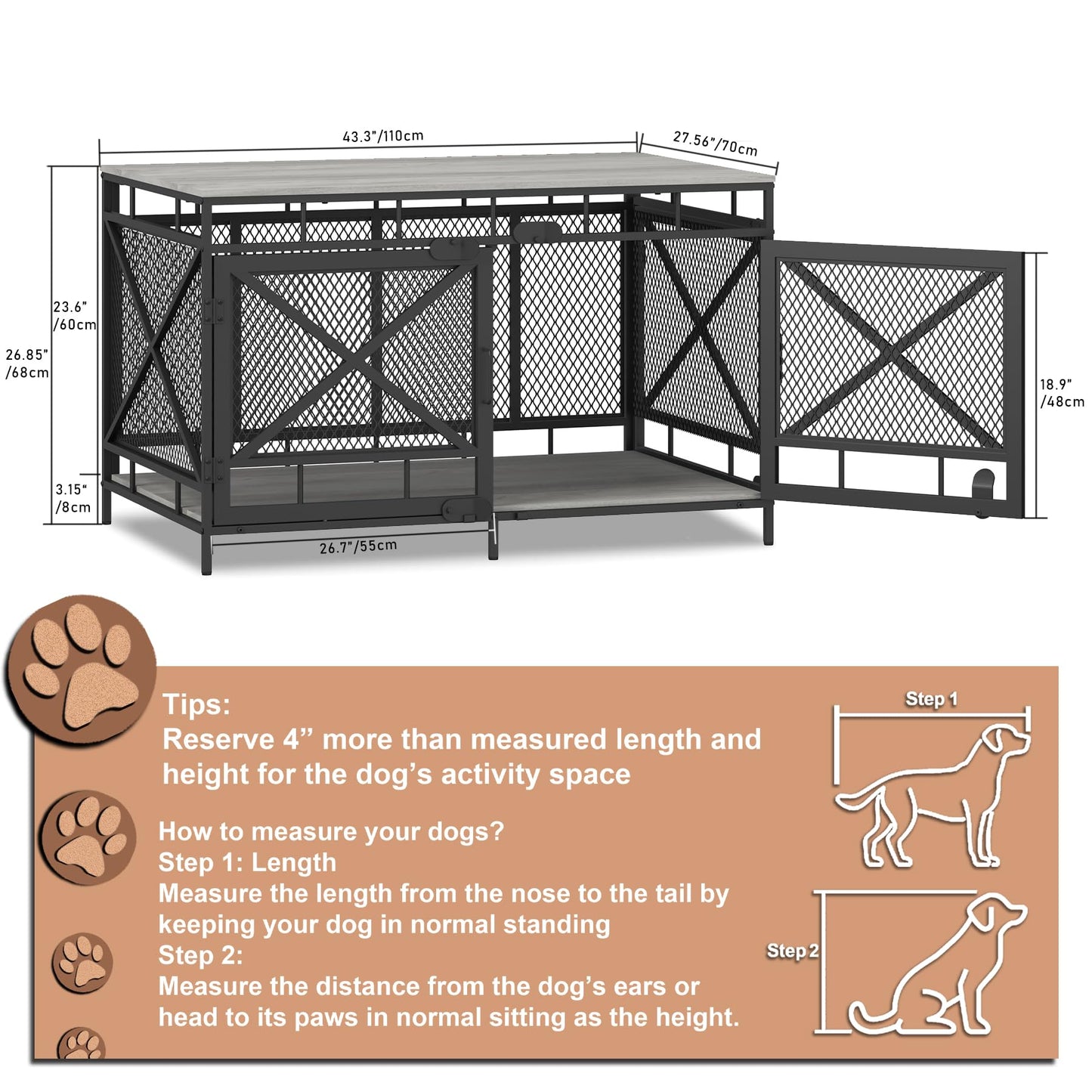 Dog Crate Furniture, Dog Kennel for Small Medium Large Breed, Heavy Duty 43" Large Corner Dog Crate, Indoor Pet Cage with Side Door (Grey Oak)