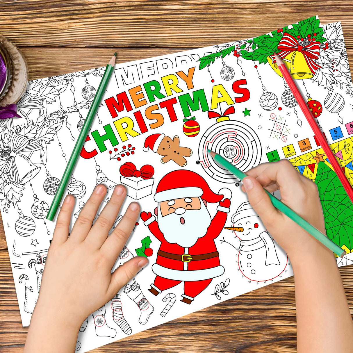 Disposable Santa Place Mats for Kids, 12 Pack - 17'x 11' Paper Table Mat Sheets for Merry Christmas School Party Decorations Gatherfun