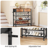 Kitstorack Shoe Rack, 4 Tier Shoe Organizer for 9-12 Pairs of Shoes, with 2 Drawers, 3 Fabric Shelves and Wooden Top, Shoe Rack for Closet Entryway, Rustic Brown Kitstorack