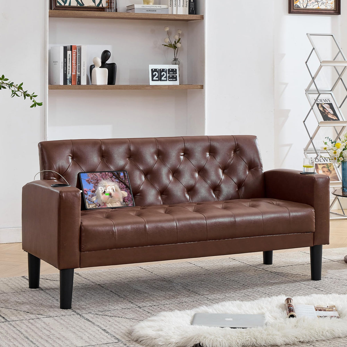 TYBOATLE 62" W Brown Leather Loveseat w/ 2 USB and 2 Cupholders, Mid-Century Modern Tufted Small Love Seat Couches for Office, Living Room, Bedroom, Dorm (1, Brown) TYBOATLE