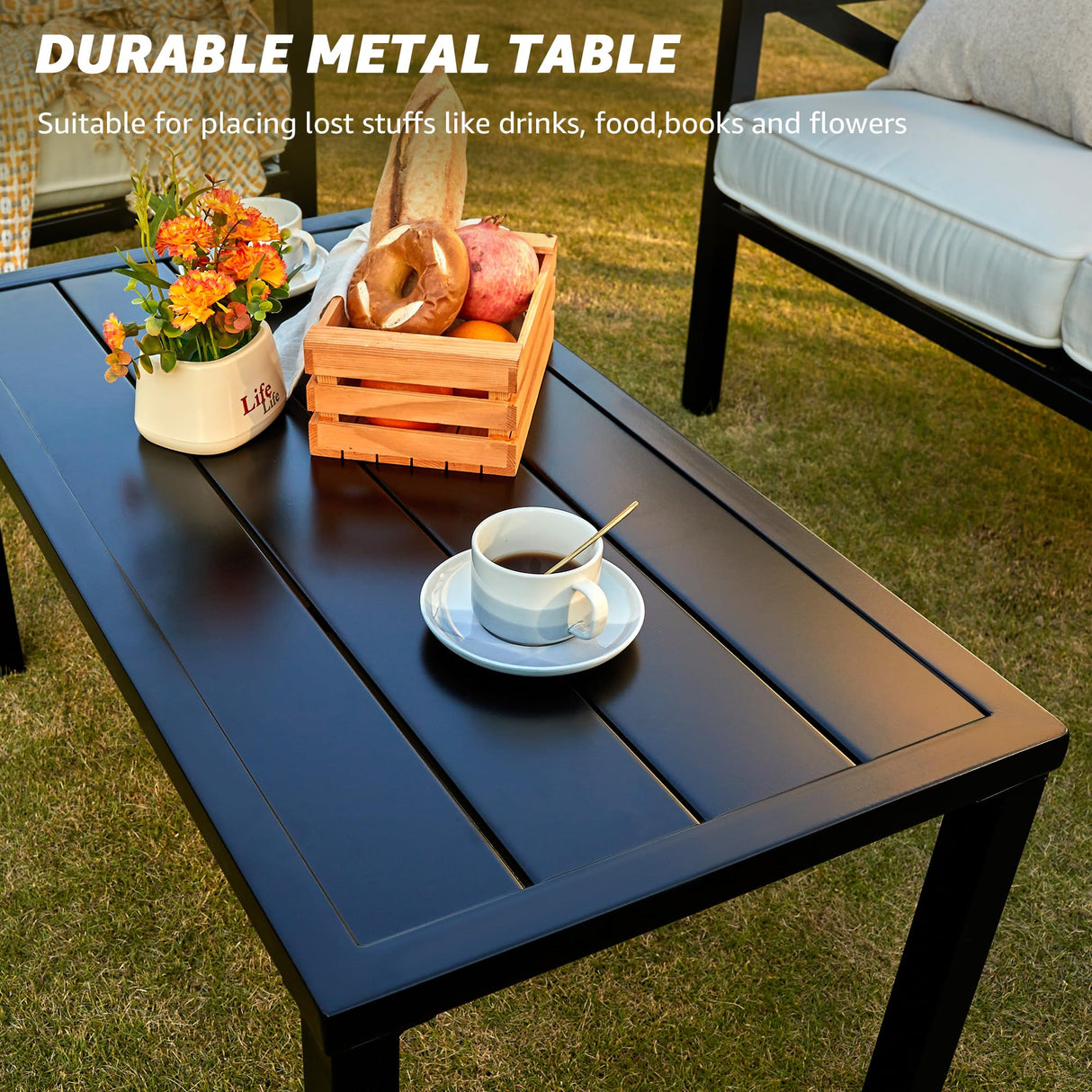 NATURAL EXPRESSIONS Outdoor Patio Furniture 4 Pieces Set, Modern Patio Conversation Sets, Outdoor Sectional Metal Sofa with 5.5 Inch Cushion and Coffee Table for Balcony, Garden NATURAL EXPRESSIONS