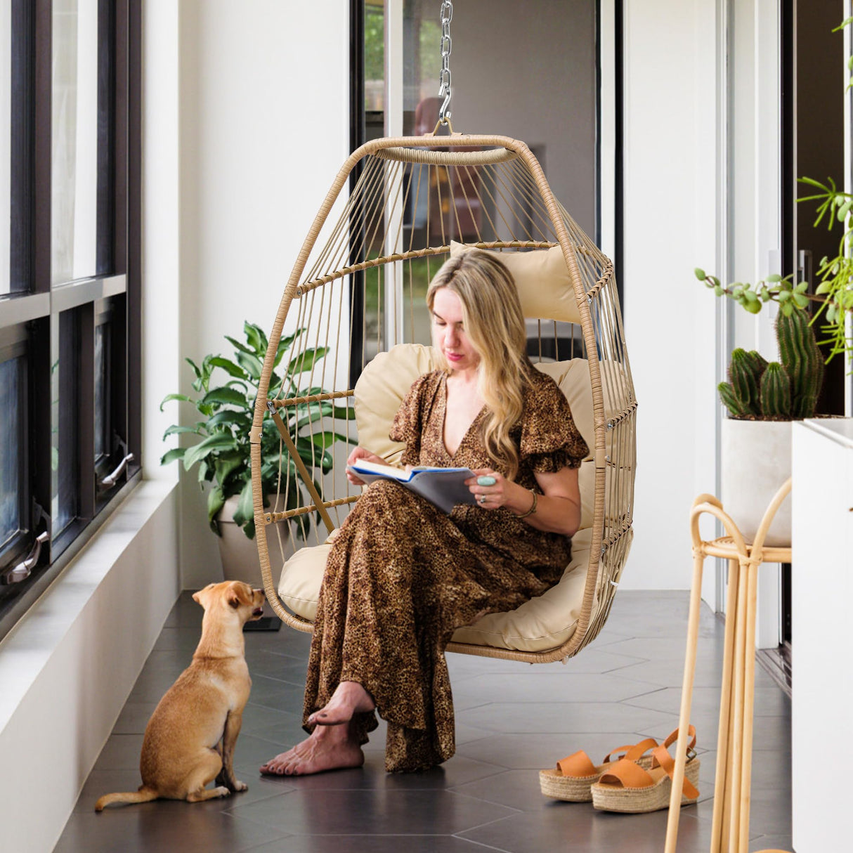 YITAHOME 2 in 1 Egg Chairs with Stand Egg Hanging Swing Chairs Rattan Wicker Chairs with Cushions Indoor Outdoor for Patio, Garden, Backyard, Porch, Beige YITAHOME