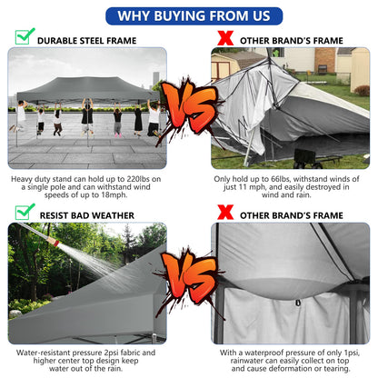 COBIZI 10x20 Pop up Canopy Tent Heavy Duty with 6 Sidewalls, Easy Set-up Commercial Outdoor Party Tent, 100% Waterproof Wedding Tent Gazebo, 3 Height Adjustable with Wheeled Bag,Gray