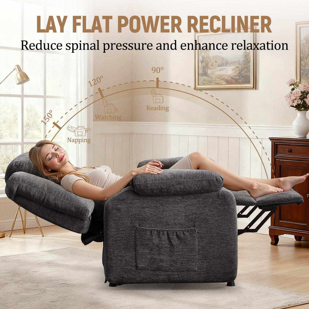 Korser Power Recliner Chair for Adults, Oversized Electric Recliner with Thickened Cushions, Chenille Fabric Reclining Chair for Living Room, Bedroom, Grey Korser