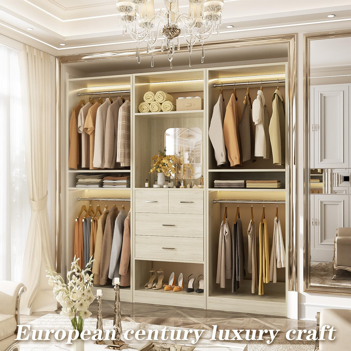 Unikito 75” Closet System with 4 Drawers, 6.3FT Wood Walk in Closet Organizer with Hanging Rods and Mirror, Reversible Large Closet Wardrobe with Shelves, Max Load 2000 LBS, White Oak Unikito