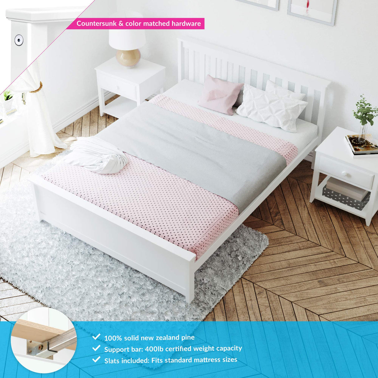 Max & Lily Queen Bed Frame with Slatted Headboard, Solid Wood Platform Bed for Kids, No Box Spring Needed, Easy Assembly, White Max & Lily