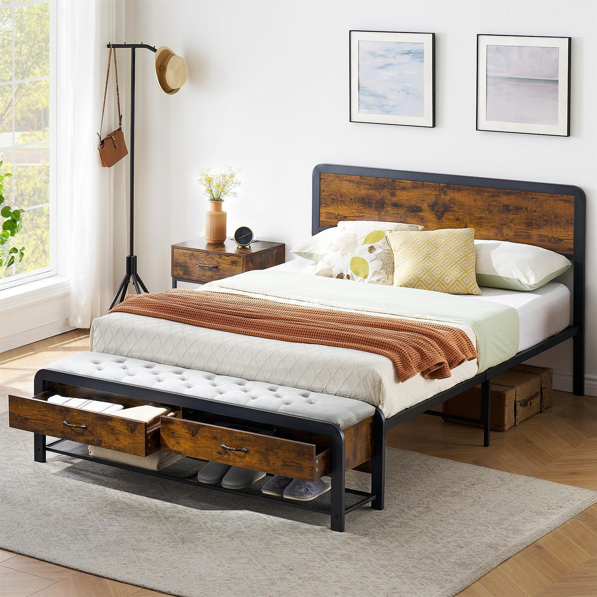 SLEKVERSA Queen Bed Frame with Headboard and Storage Ottoman, Farmhouse Platform Bed Frame Queen Size with Sturdy Metal Slats, No Box Spring Needed, Noise Free, Easy Assembly SLEKVERSA