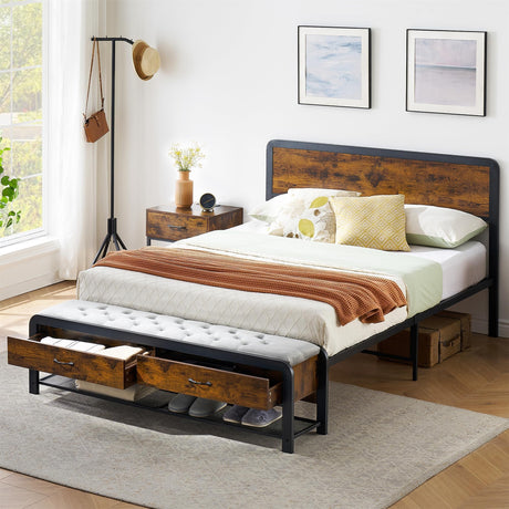 SLEKVERSA Queen Bed Frame with Headboard and Storage Ottoman, Farmhouse Platform Bed Frame Queen Size with Sturdy Metal Slats, No Box Spring Needed, Noise Free, Easy Assembly SLEKVERSA
