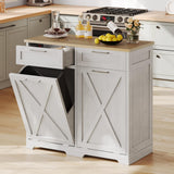 YITAHOME Double Tilt Out Trash Cabinet 20 Gallon, Wooden Free Standing Laundry Cabinet with Barn Doors, Kitchen Trash Recycling Cabinet with 2 Drawer, Tilt-Out Hamper for Kitchen, Off White YITAHOME