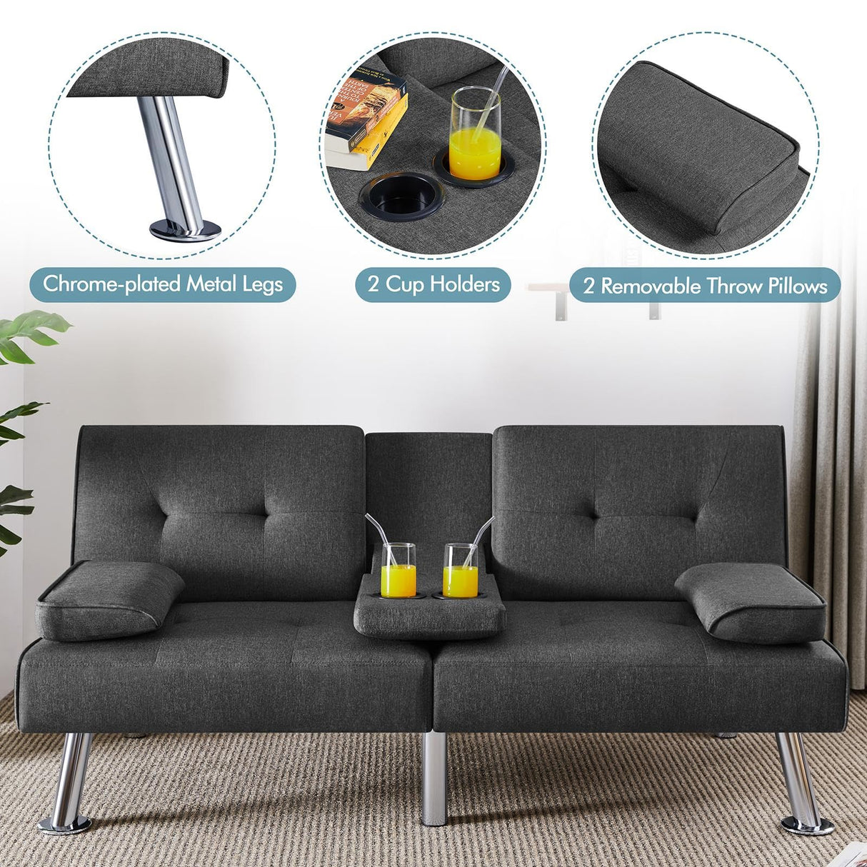 Yaheetech Convertible Sofa Bed Adjustable Fabric Couch Sleeper Modern Recliner Reversible Loveseat Folding Daybed Guest Bed, Removable Armrests, Cup Holders, 3 Angles, 772lb Capacity, Dark Gray Yaheetech