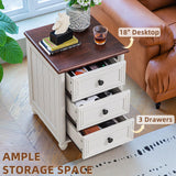 RWYHG 18" Farmhouse Night Stand, White Wood Nightstand with 3 Drawers, Bedside End Table with Storage and Roman Column, Bed Side Tables Cabinet for Bedroom, Living Room, and Closet RWYHG