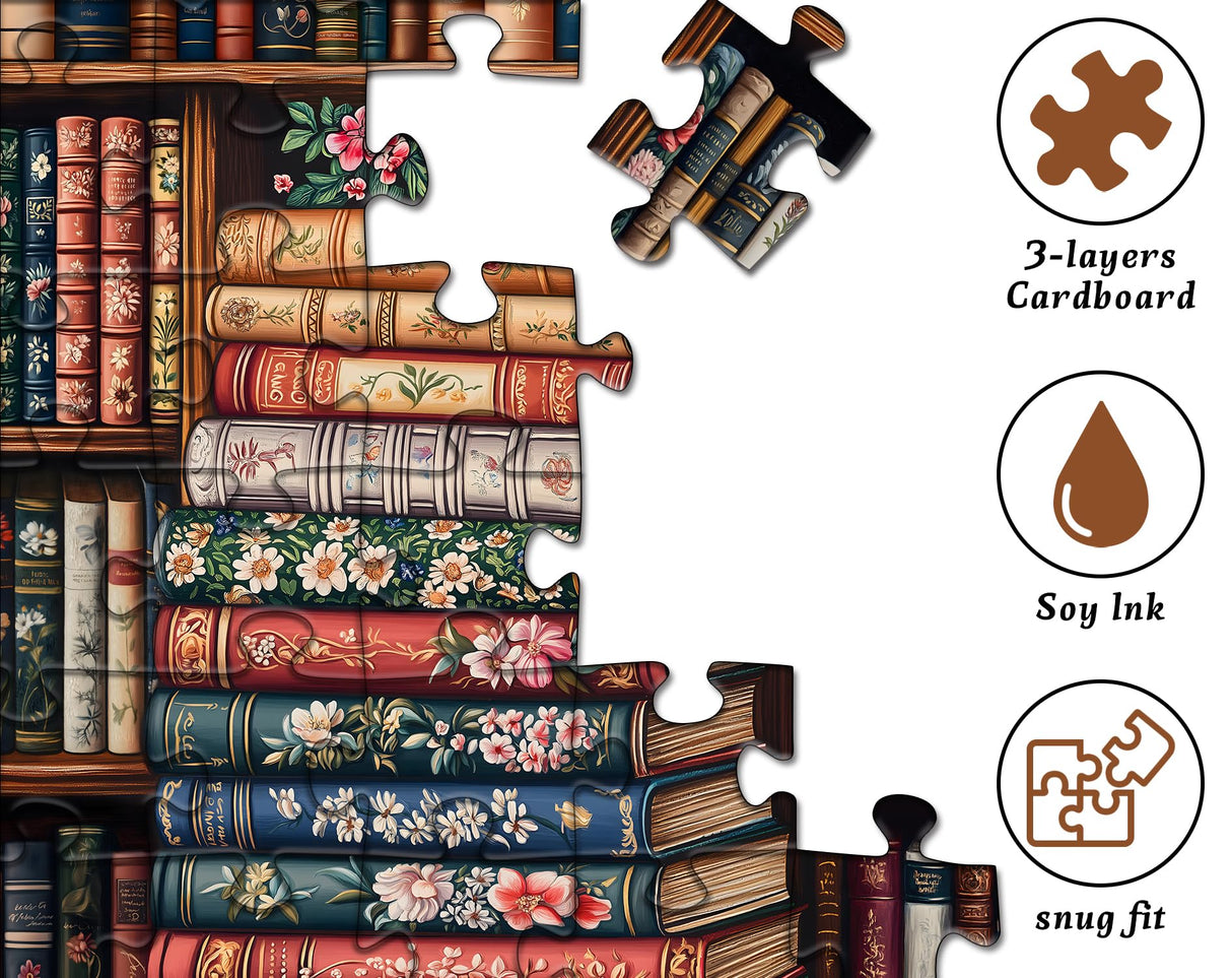 Vintage Bookshelf Puzzles for Adults 1000 Pieces, Book Flower Jigsaw Puzzle Bookshelf Library, Retro Aesthetic Puzzle Art, Difficult Challenging Hard Puzzle for Book Lovers PICKFORU